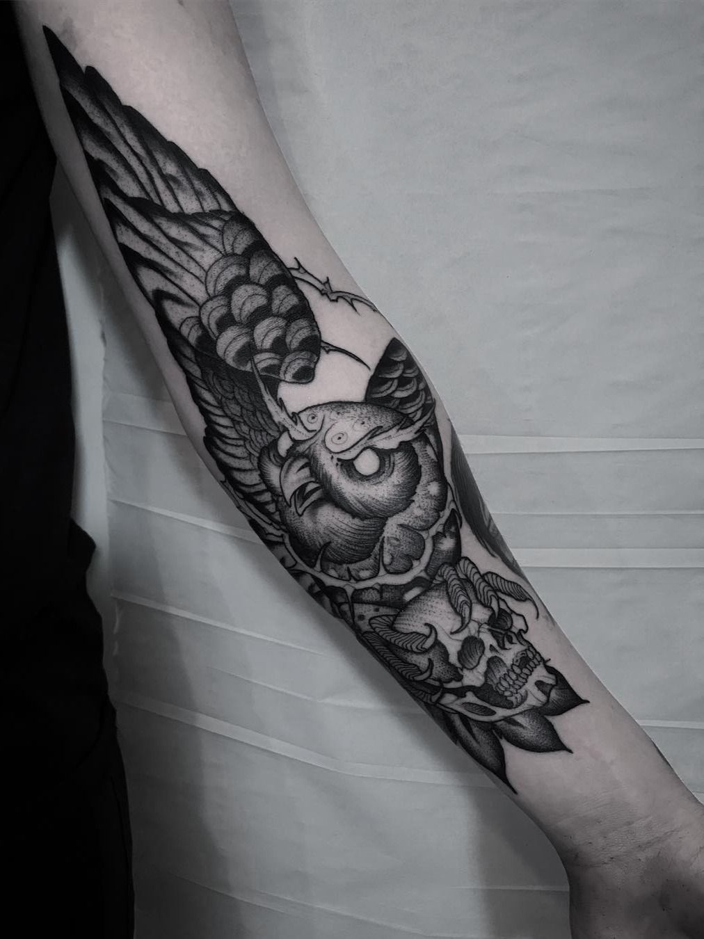 Black and Grey Realism Owl Moon Forest Sleeve Tattoo - Love n Hate