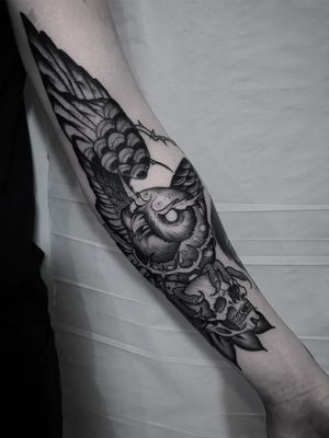 Owl tattoo by Wulfbaron #Wulfbaron #darkart #japaneseinspired #illustrative #owl #feathers #bird #arm #skull