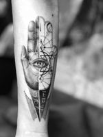 Hamsa tattoo by Wookjin Shim #WookjinShim #hamsatattoo #hamsa #eye #hamsahand #spiritual #handofgod #geometric