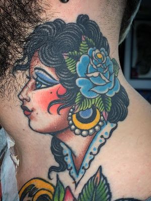 Client photo of a healed tattoo by Valerie Vargas of Modern Classic #ValerieVargas #ModernClassic #traditional #ladyhead #neck #rose #healedtattoo #tattoohealed 