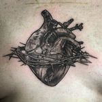 Anatomical heart tattoo by Lil Jeon #LilJeon #blackandgrey #realism #heart #anatomicalheart #thorns #chest