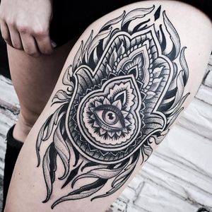 Hamsa tattoo by Aries Rhysing #AiresRhysing #hamsatattoo #hamsa #eye #hamsahand #spiritual #handofgod #geometric