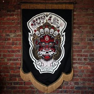 A banner by Meghan McAleavy for Guy Le Tattooer #MeghanMcAleavy #banner #textileart #tattooart 