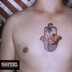 Hamsa tattoo by Inkfidel #inkfidel #hamsatattoo #hamsa #island #palmtree #hamsahand #spiritual #handofgod #geometric