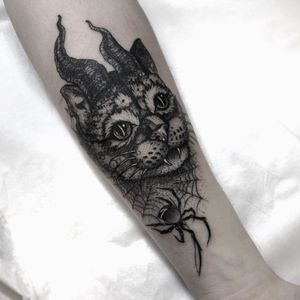 Demon cat tattoo by Wulfbaron #Wulfbaron #darkart #japaneseinspired #illustrative #cat #spider #horns #demon #spiderweb #arm 
