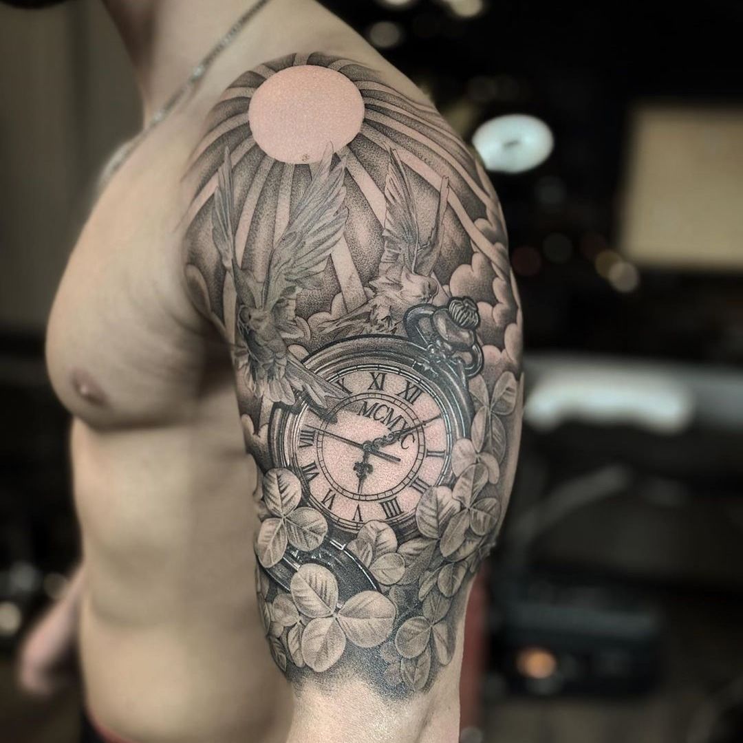 Tattoo uploaded by Justine Morrow • Angel and compass tattoo by Lil Jeon  #LilJeon #blackandgrey #realism #compass #angel #flower #floral #bicep #arm  • Tattoodo