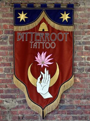 A banner by Meghan McAleavy for Bitterroot Tattoo #MeghanMcAleavy #banner #textileart #tattooart 