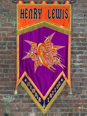 A banner by Meghan McAleavy for Henry Lewis #MeghanMcAleavy #banner #textileart #tattooart 