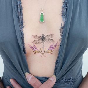 Watercolor tattoo by Donghwa of Studio by Sol #Donghwa #StudiobySol #Seoul #Koreanartist #Koreantattooartist #watercolor #fineline #detailed #color #dragonfly #lavender #nature #floral