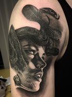Snake and portrait tattoo by Lil Jeon #LilJeon #blackandgrey #realism #snake #portrait #lady #ladyhead #face #lips #animal #arm