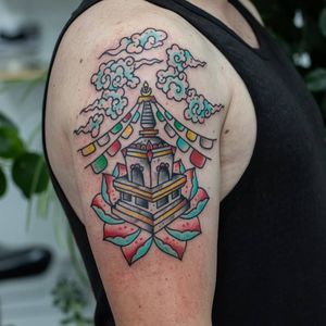 Stupa tattoo by Emil Svedborg aka tattoosved #EmilSvedborg #tattoosved #buddhisttattoo #buddhatattoo #buddhism #buddha #stupa