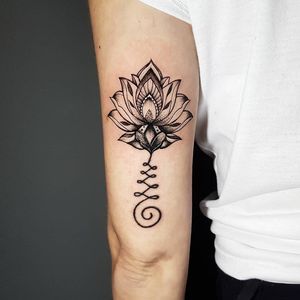 Unalome and lotus tattoo by Fabiano Gregori #FabianoGregori #buddhisttattoo #buddhatattoo #buddhism #unalome #lotus
