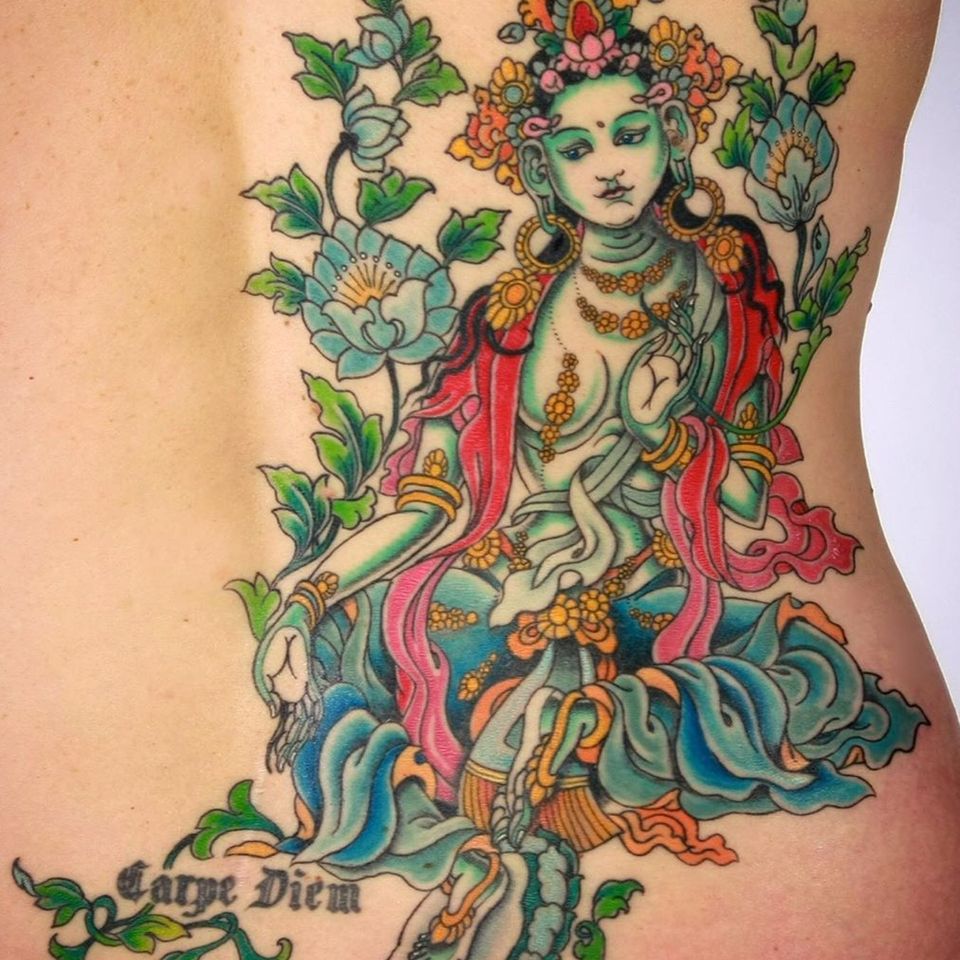 Female bodhisattva tattoo by Yoni Zilber #YoniZilber #buddhisttattoo #buddhatattoo #buddhism #buddha #guanyin #tara