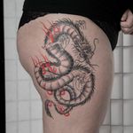 Dragon tattoo by Mike End #MikeEnd #dragon #fire #japanese #thigh 