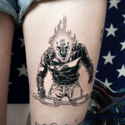 Ghostrider tattoo by Mike End #MikeEnd #ghostrider #comicbook #movie #blackwork #illustrative #skull #fire #chain