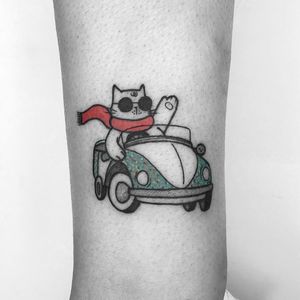 Cat tattoo by Chelsea Cortes aka xelkopt #ChelseaCortes #xelkopt #cattattoo #cattoo #illustrative #VW #volkswagen #bug #car