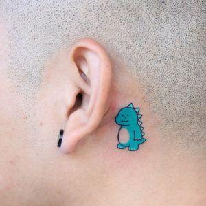 Hand poke tattoo by Han aka Hey Hey Diary #Han #HeyHeyDiary #handpoke #stickandpoke #nonelectric #kawaii #cute #tiny #small #funny #seoul #koreantattooist #dinosaur #dragon #behindtheear #color #blue