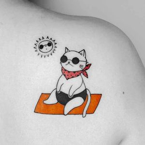 Cat tattoo by Chelsea Cortes aka xelkopt #ChelseaCortes #xelkopt #cattattoo #cattoo #illustrative #sun #swim #beach