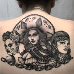 Payasa, Soldadera, and Chola back tattoo by Rick Schenk #RickSchenk #blackandgrey #chicano #illustrative #payasa #Soldadera #adelita #chola #ladyheads #portrait
