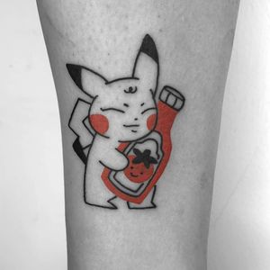 Pikachu tattoo by Chelsea Cortes aka xelkopt #ChelseaCortes #xelkopt #pikachu #tomato #ketchup #pokemon #illustrative