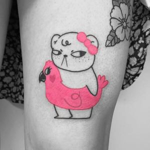 Cat tattoo by Chelsea Cortes aka xelcopt #chelseacortes #xelcopt #cattattoo #cattoo #illustrative #parrot #heart #pink #bow #pool #innertube