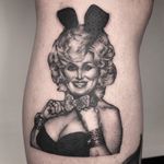 Dolly Parton portrait tattoo by #RickSchenk #dollyparton #portrait #playboy #bunny #blackandgrey 