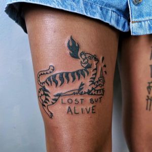 Tiger tattoo by Keko Animal #KekoAnimal #tigertattoo #lettering #fire #ignoranttattoo #blackwork