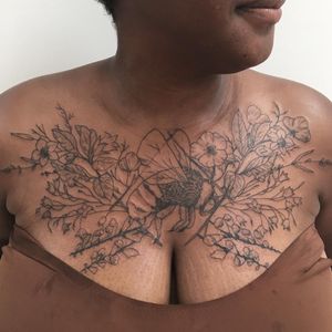 Chest tattoo by Wolf Gore #WolfGore #chesttattoo #bee #floral #illustrative 