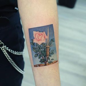 Rose and dagger tattoo by Grey Un #GreyUn #rose #dagger #painting #surreal #realism #watercolor 