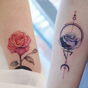 Flower tattoo by Grey Un #GreyUn #watercolor #realism #color #koreanartist #rose #matchingtattoo #sacredgeometry #moon 