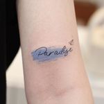 Paint tattoo by Saegeem #saegeem #painttattoo #paint #brushstroke #color #impasto #texture #paradise #script #paperairplane #airplane