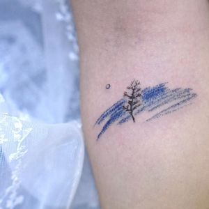 Crayon tattoo by 0one tattoo #0onetattoo #crayontattoo #crayon #coloredpencil #color #sketchy #art #crafts #tree #landscape #moon #sky 