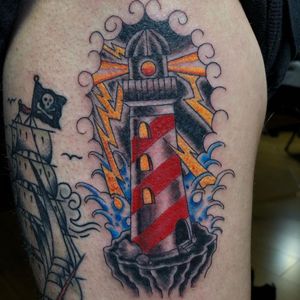 Tattoo by Dana James #DanaJames #traditional #color #lighthouse #waves #clouds #lightning