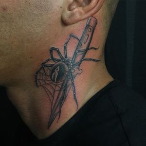 Tattoo by Dana James #DanaJames #necktattoo #illustrative #oldschool #spider #switchblade #spiderweb #knife #dagger