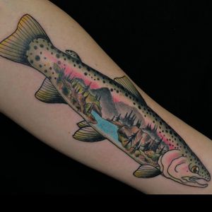 Tattoo by Dana James #DanaJames #landscape #fish #bass #mountains #forest #nature 