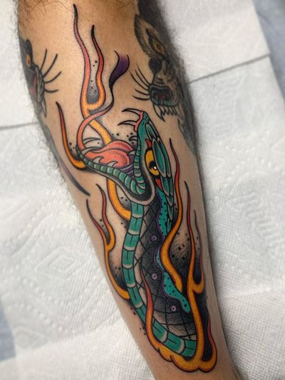 Tattoo by Dennis Duran #DennisDuran #traditional #japanese #color #snake #fire #serpent #animal