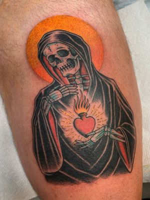 Tattoo by Dennis Duran #DennisDuran #traditional #color #oldschool #ladyofguadalupe #virginmary #catholic #sacredheart #skeleton