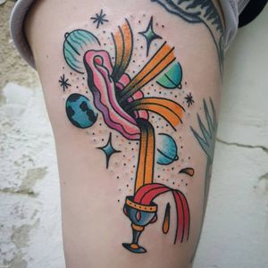 Tattoo by Piettro Torchio #PiettroTorchio #traditional #color #surreal #vagina #universe #goblet #drink #stars
