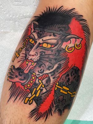 Tattoo by Joe Chatt #JoeChatt #traditional #japanese #color #punk #catlady #cat #portrait #ladyhead #chain #ankh
