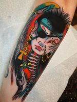 Tattoo by Joe Chatt #JoeChatt #traditional #japanese #color #punk #yokai #ankh #portrait #ladyhead