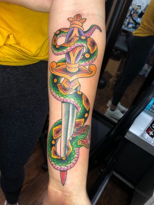 My snake and dagger tattoo by Austin Gervais #AustinGervais #snakeanddagger #traditional #oldschool #snake #dagger