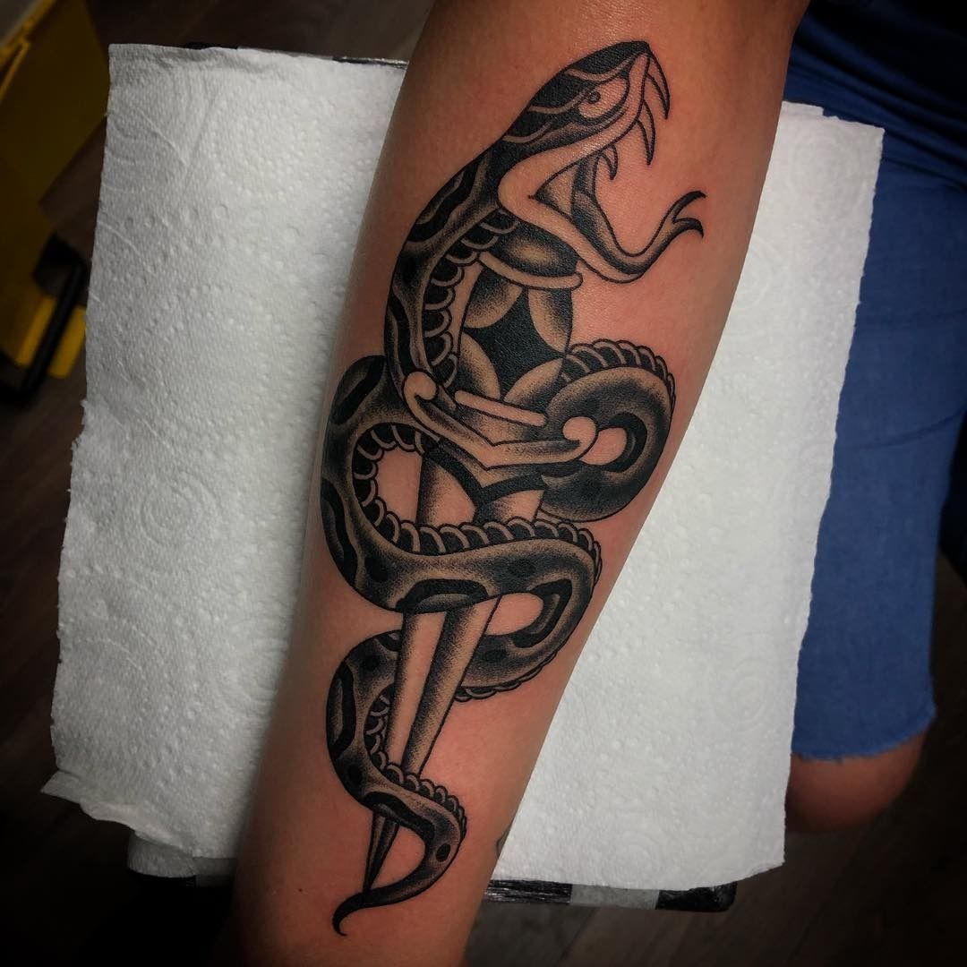 Snake and Dagger Tattoo 1 | Tattoo of a snake dagger and ros… | Flickr