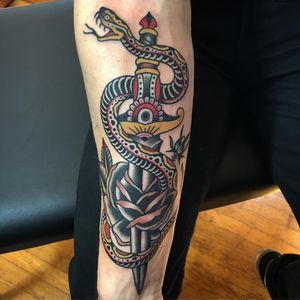 Snake and dagger tattoo by Paul Dobleman #PaulDobleman #snakeanddagger #traditional #oldschool #snake #dagger #rose