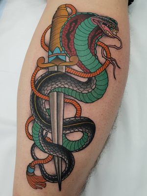 Snake and dagger tattoo by David Williams aka davidbctwilliamstattoos #DavidWilliams #snakeanddagger #traditional #oldschool #snake #dagger