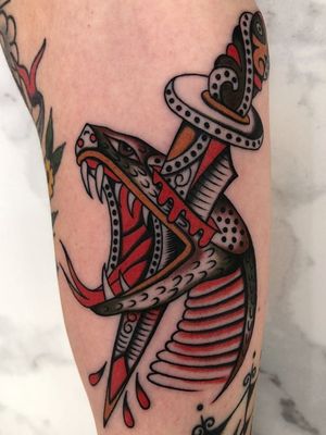 Snake and dagger tattoo by Derek Billingsley aka constantxgrid #DerekBillingsley #constantxgrid #snakeanddagger #traditional #oldschool #snake #dagger