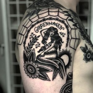 Traditional tattoo by Marcus Norrild #MarcusNorrild #traditionaltattoo #oldschool #mermaid #flower #copenhagen #enmark #spiderweb