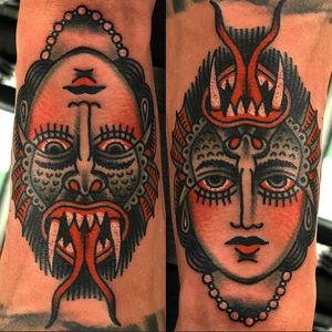 Traditional tattoo by Marcus Norrild #MarcusNorrild #traditionaltattoo #oldschool #ladyhead #portrait #demon #opticalillusion #surreal