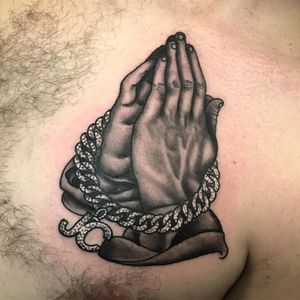 Tattoo by Chazz Hysell #ChazzHysell #oldschool #jesus #clappers #prayerhands #chain #bling #blackandgrey