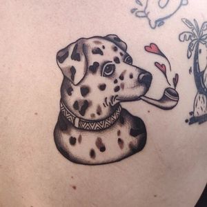 Traditional tattoo by Helena Front #HelenaFront #traditional #oldschool #vintage #dog #pipe #hearts #petportrait