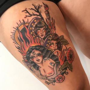 Traditional tattoo by sangdabril #sangdabril #breastcancer #witches #fire #flowers #traditional #sexualassaultawarenesstattoo #sexualassaultsurvivortattoo #survivortattoo #tattoosforstrength #selflove #empoweringtattoos